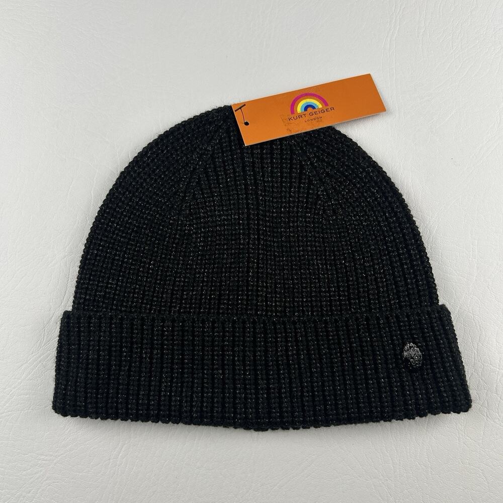 Kurt Geiger London Black Knit Beanie Hat Cuffed One Size NWT Unisex Ribbed